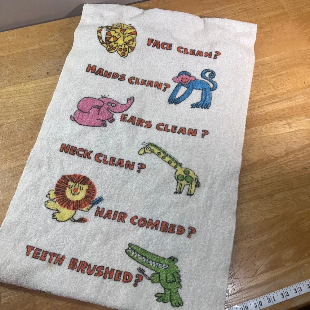Marimekko Hand Towel Kids White Vtg 1970s Animal Hygiene Graphic